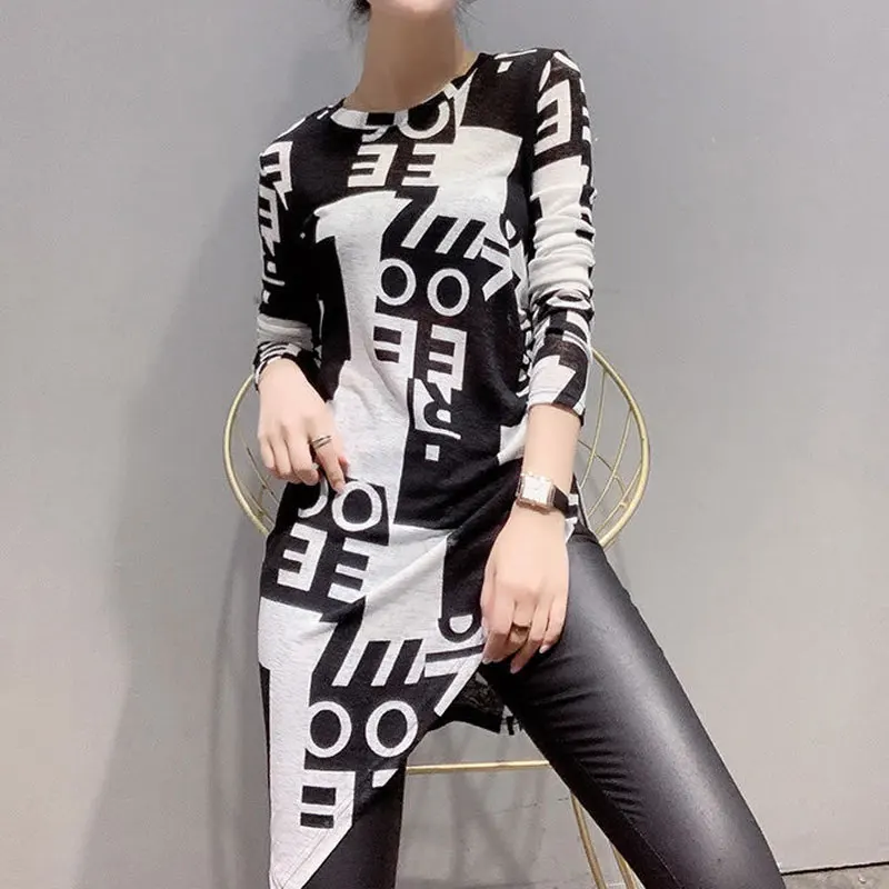 Korean Letter Patchwork Printed T-shirt Spring Autumn Stylish Asymmetrical Folds Female Clothing Casual O-Neck Midi Pullovers