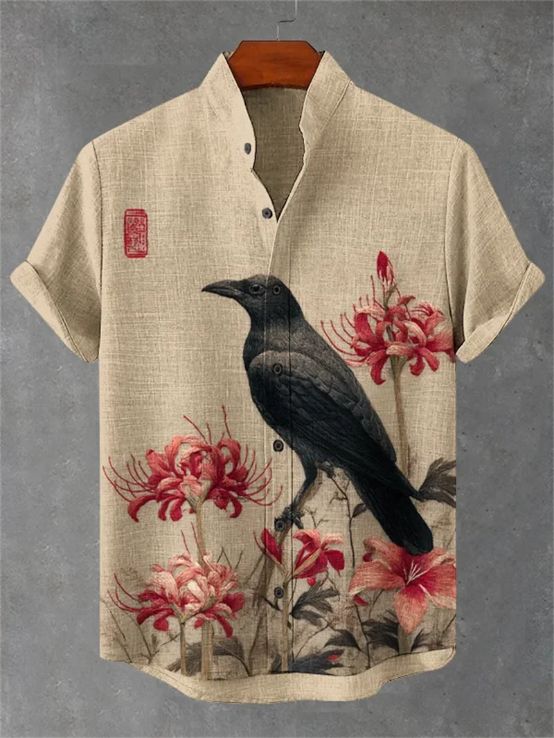 

Новая мужская удобная льняная рубашка с короткими рукавами, пуговицами с 3D-принтом кота и ворона и топом с короткими рукавами
