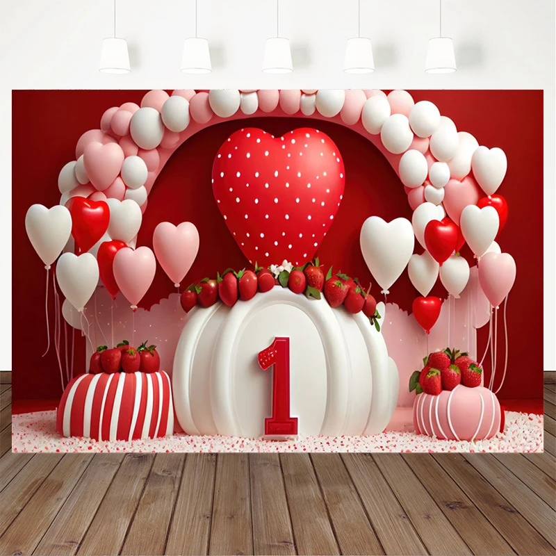 Love บอลลูนพื้นหลังวันวาเลนไทน์หัวใจสตรอเบอร์รี่สาว Happy Birthday ฉากหลังตกแต่งเด็กผู้ใหญ่ Portrait Photo Studio