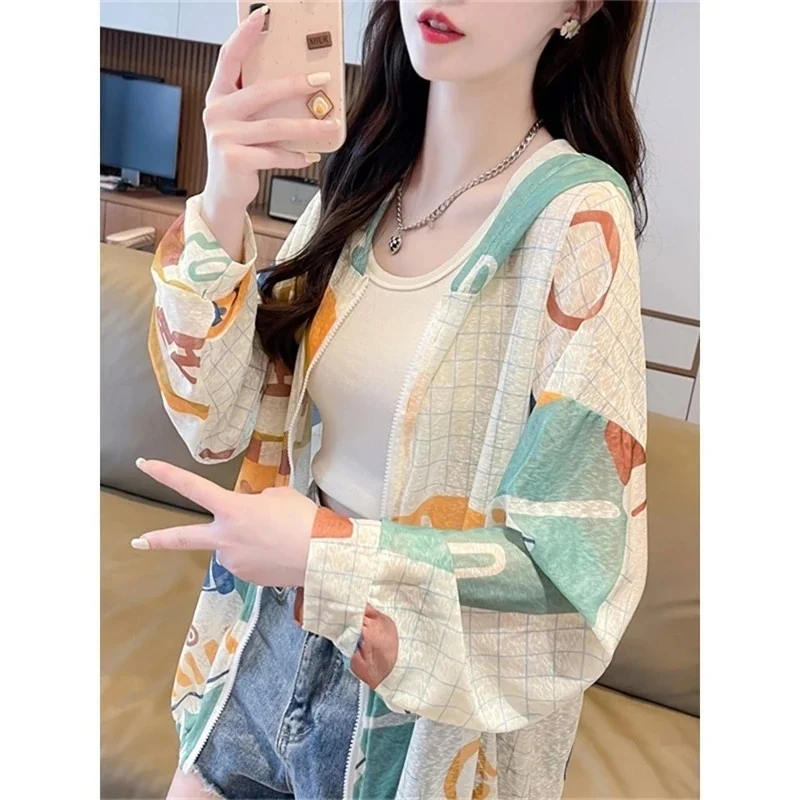 Women's Ice Silk Sun Jacket Summer Hooded Printed UV Cardigan
