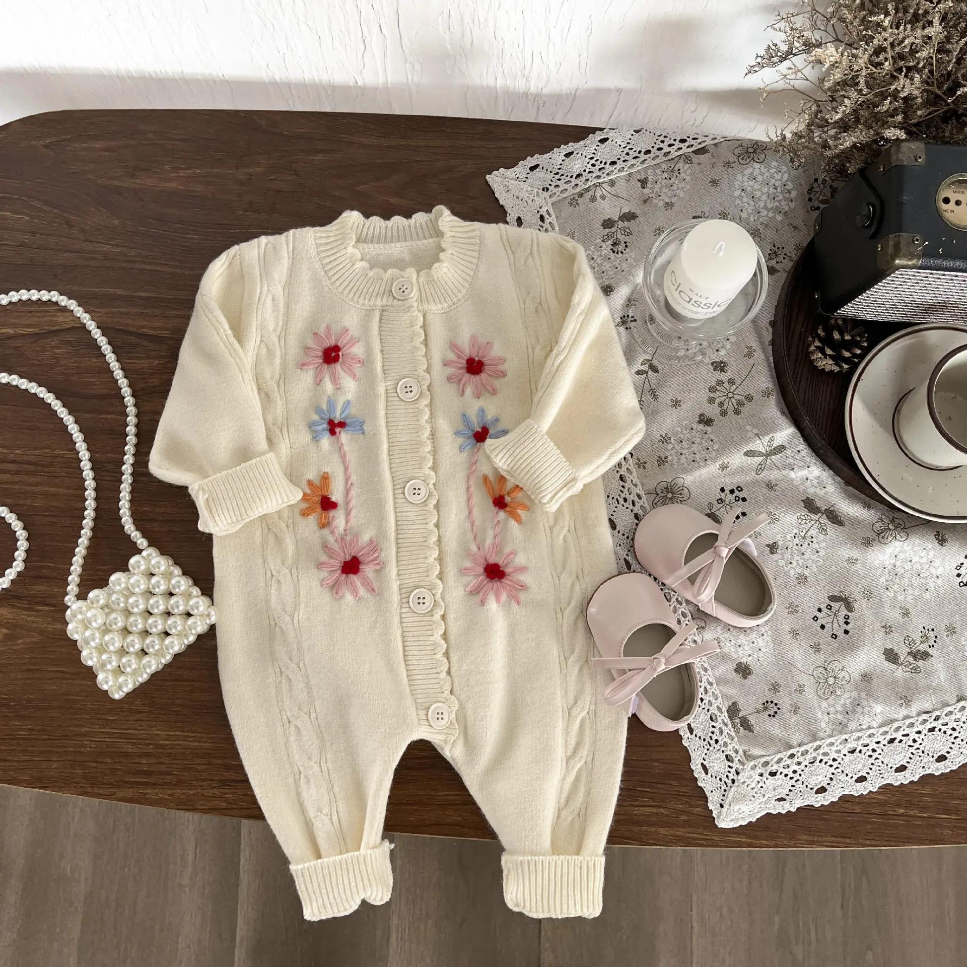 Baby Romper Infant Baby Girls Long Sleeve Knit Jumpsuit Spring Hand Embroidery Fresh Style One Piece Bodysuit