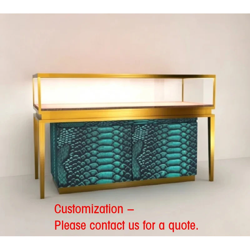 custom.Luxury Gold Frame Snakeskin Texture Jewelry Display Premium Glass Showcase LED Lighting Durable Design High-End