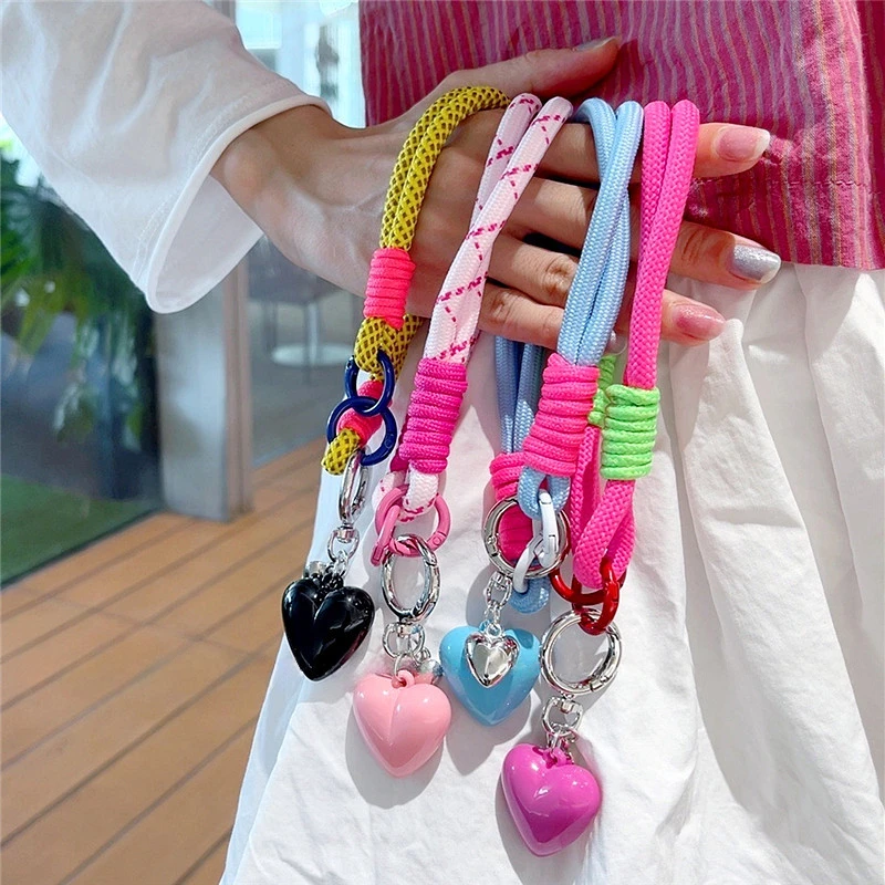 Korean Cute 3D Heart Pendant Braided Rope Phone Chain Charm Strap Cord Keychain For iPhone 16 Lanyards Bag CCD Girl Hanging Rope