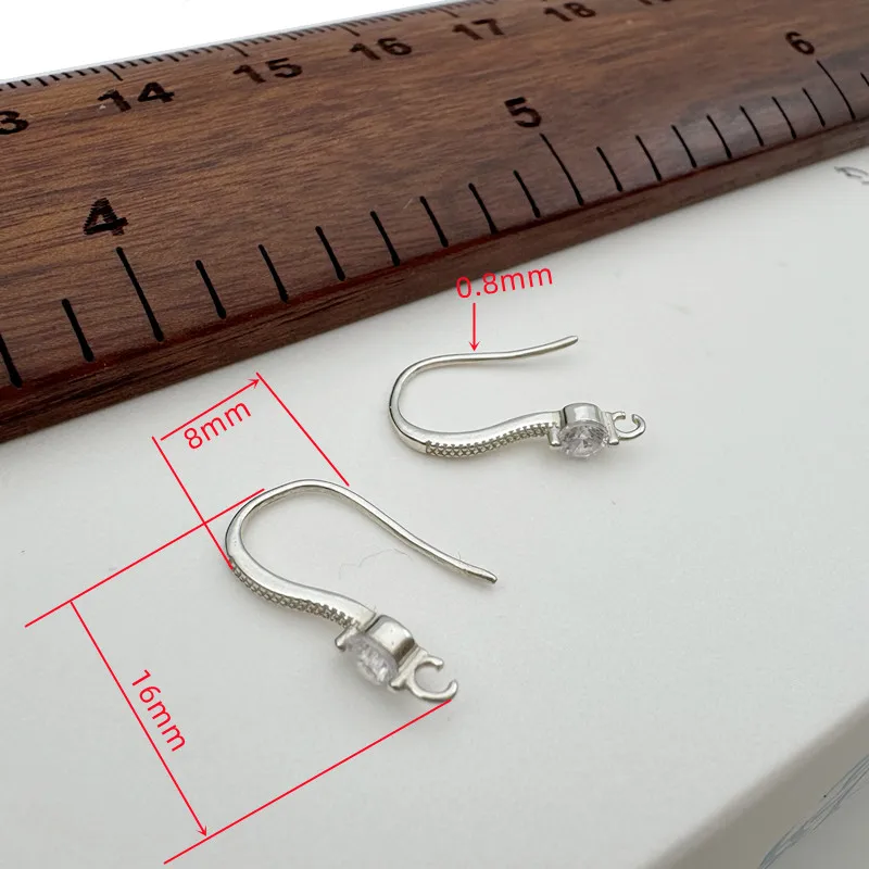 1Pair Solid 925 Sterling Silver 08x16mm Earring Hooks with Zircon DIY Jewelry Making Components