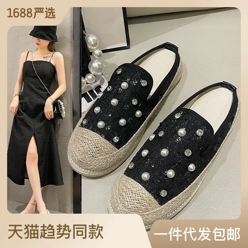 

Baotou Half Slippers Women's New Summer Korean Version Casual Outside Wearing Pearl Rhinestone Thick Soled Fisherman Slippers
