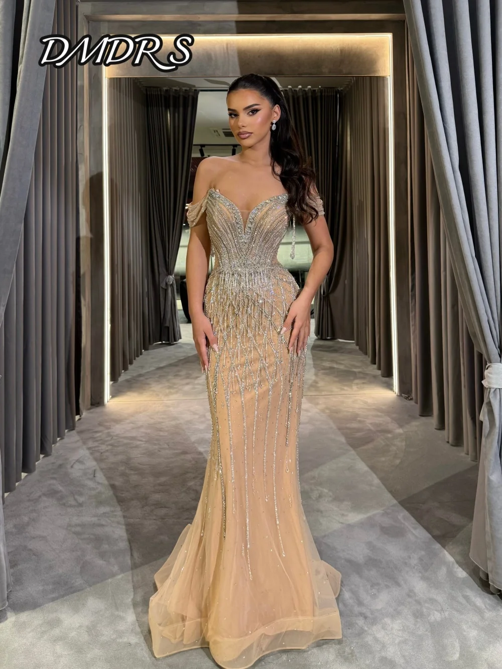 Elegant Off Shoulder Evening Dress 2026 Classic Beaded Party Gown Elegant A-line Floor Length Party Dresses فساتين سهرة 4