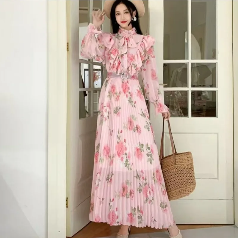 

Autumn Long-sleeved Heavy Industry Pleated Bow Print Sweet Dress Seaside Vacation