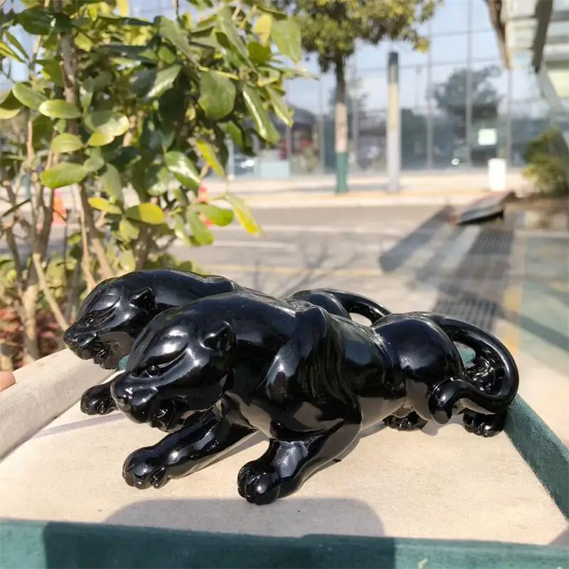 15CM Natural Black Obsidian Cheetah Carving Animal Statue Quartz Healing Energy Gemstone Crafts For Christmas Gift 1pcs