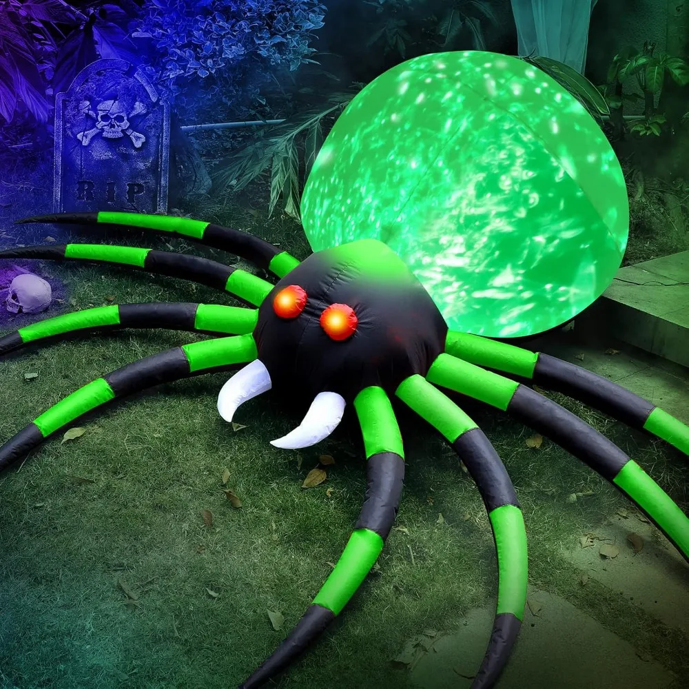 

8FT Halloween Inflatables Spider Outdoor Decorations for Yard, Giant Blow up Green Spider with Rotating Fire Flame Light