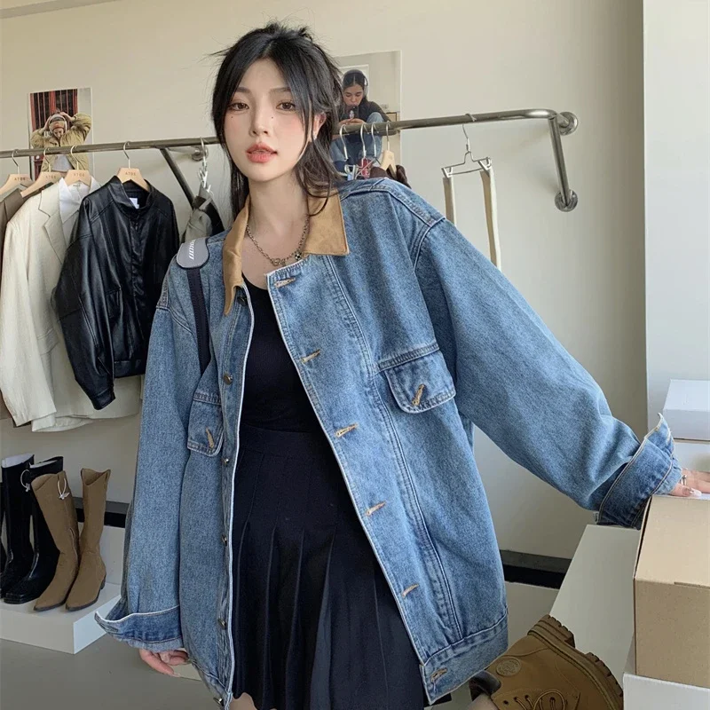 

Workwear Denim Jacket Women Spring and Autumn 2024 New Solid Color Big Yards Loose Versatile Denim Coat Female