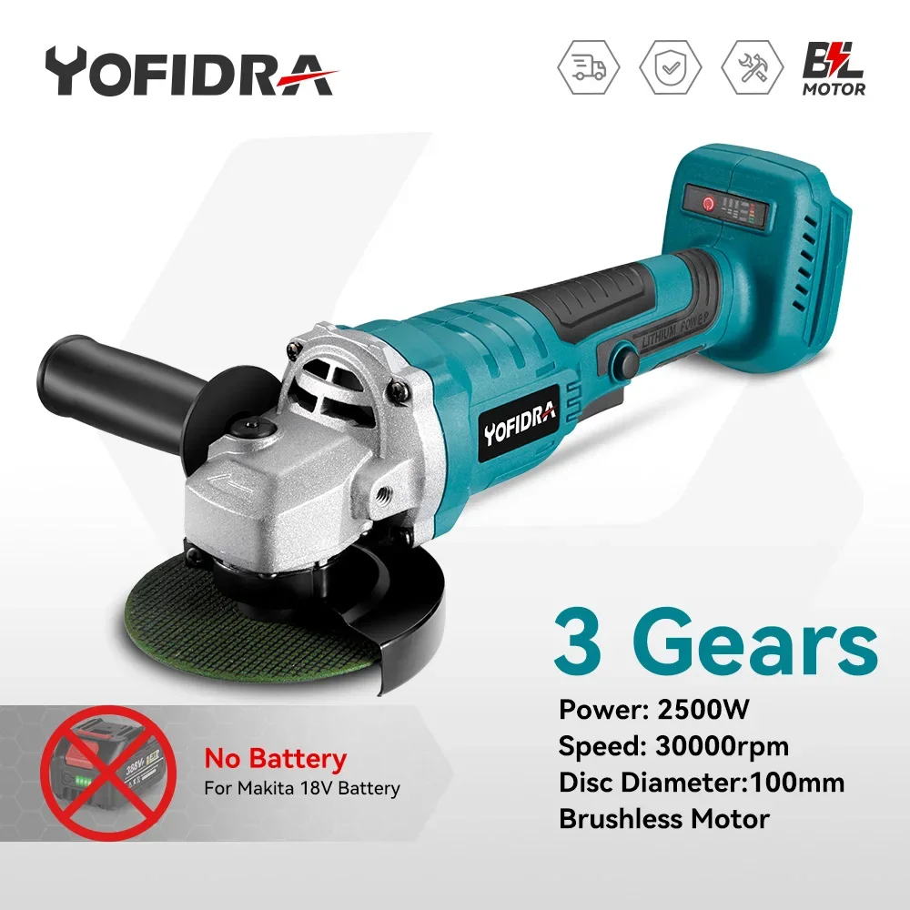 Yofidra 100mm 3 Gear Brushless Electric Angle Grinder Cordless Metal Wood Grinding Polishing Cutting Tool For Makita 18VBattery