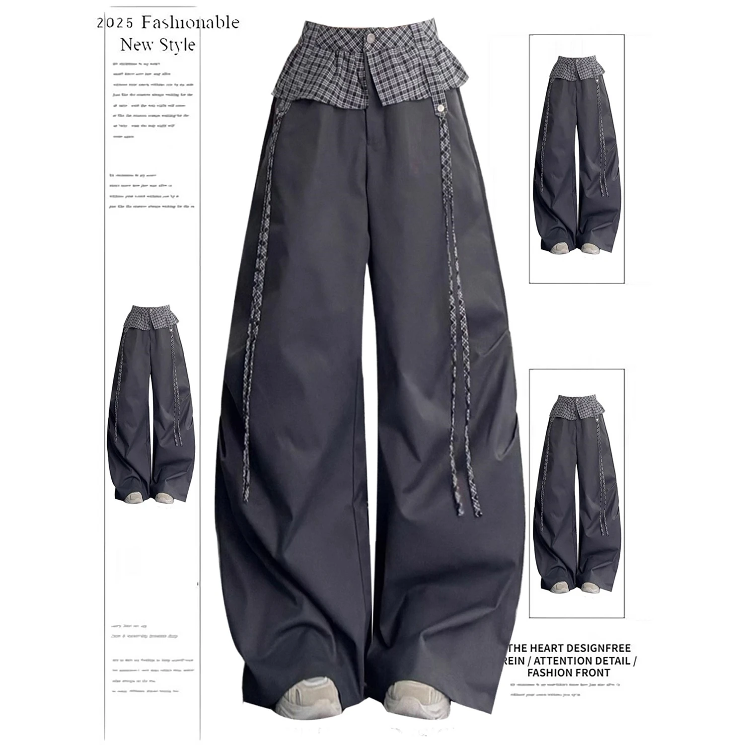 

Y2K Women's 2025 Fashion New Style Pants Plaid Waist Patchwork Tassel Decor Wide Leg Casual Streetwear Loose Trousers