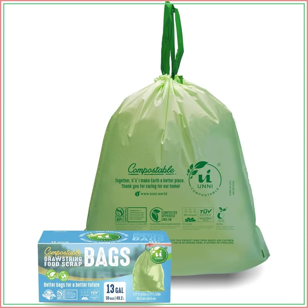 

13 Gallon Compostable Drawstring Bags, 49.2L, 30 Count, Heavy Duty 1 Mil, ASTM D6400 & OK Compost HOME Certified