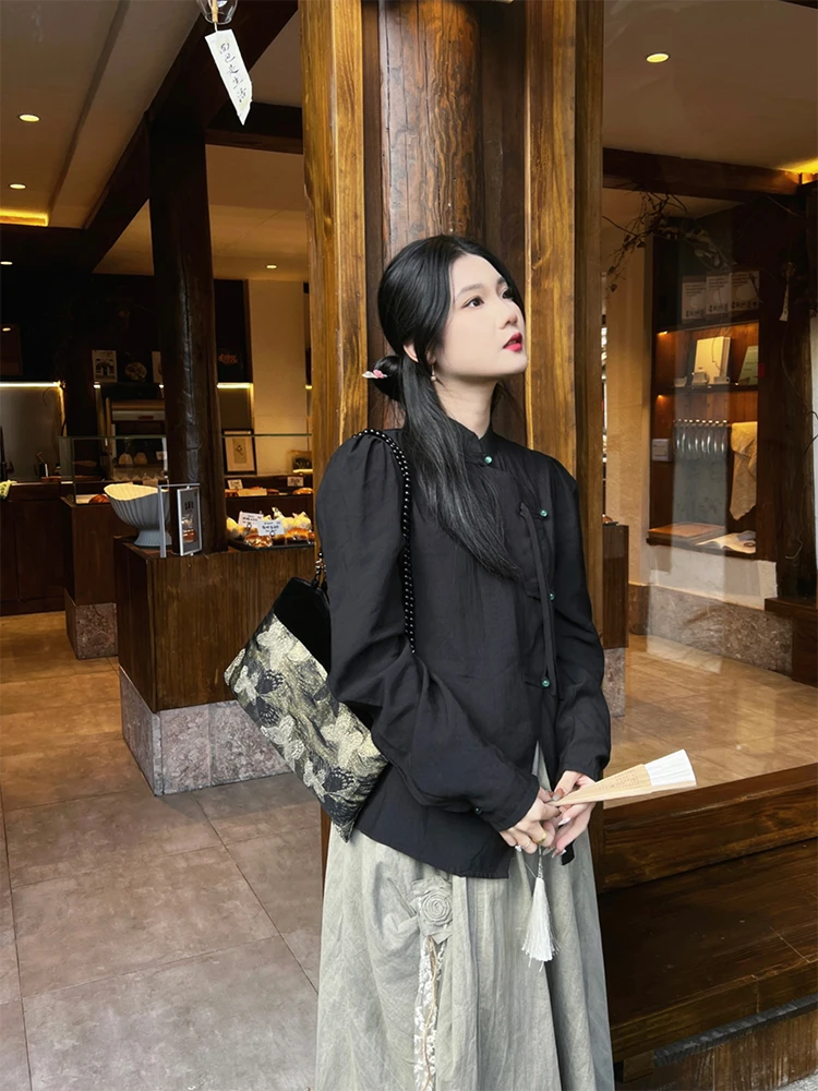 

Новая китайская женская блузка весна 2024 с розовым дизайном, на пуговицах по бокам, свободного кроя, с длинным рукавом, для повседневной носки