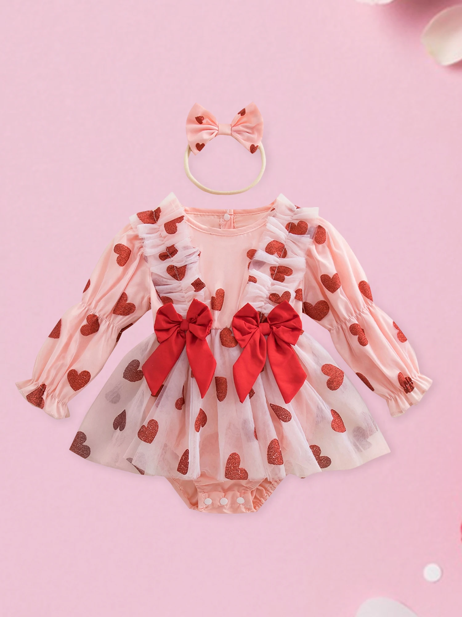 

Toddler Girl Valentine s Day Outfit Red Heart Print Ruffle Sleeve Dress with Matching Bow Headband 2 Piece Set for Baby Girl