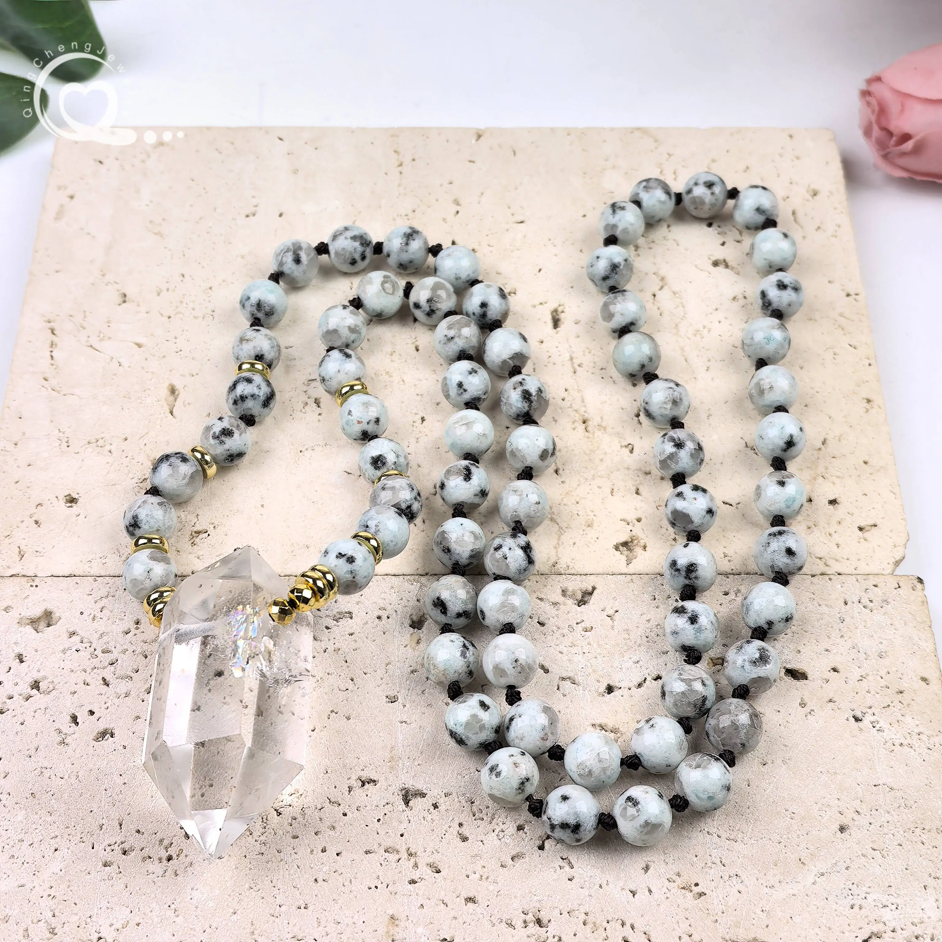 

White Quartz Crystal Double Point Pendants Yoga Necklace Handmade Knotted 8mm Kiwi Jasper Round Beads Mala Women Jewelry,QC0191