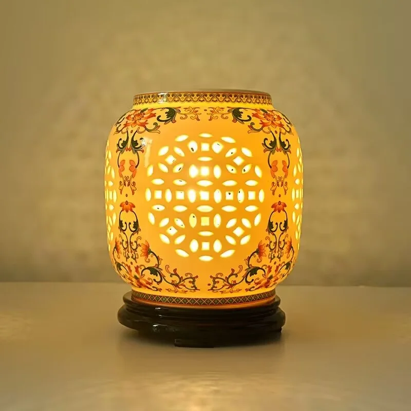 Chinese Style Hollow-out  Ceramic Table Lamp LED E27 for Living Room Bedroom Shop Home Decorative Hollow Carving Night Light