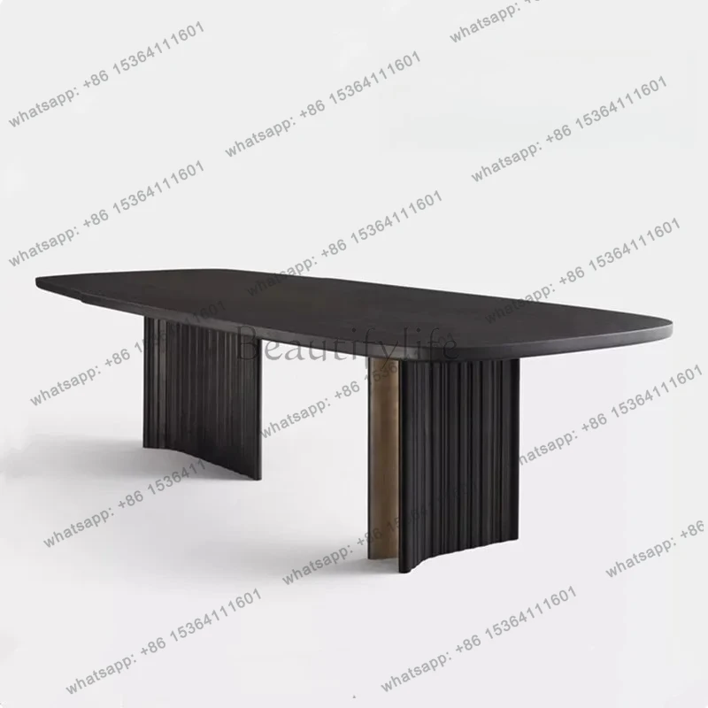 

Nordic minimalist home solid wood dining table simple desk modern metal black conference table