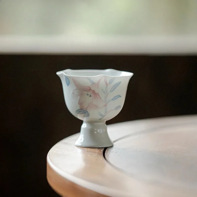2pc/lot Japanese Hand Drawn Lily High Footed Teacup Ancient Flower Mouth Tea Bowl Cup For Tea Personal Cup Chazhan Tea Mug 75ml