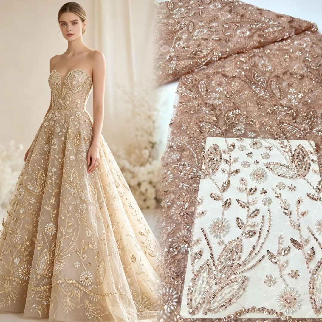 Wedding and Evening Gowns Cheongsam Designer DIY Sewing Fabric, Heavy Industry Nail Bead Sequin embroidery Lace Fabric AT2827