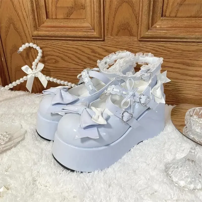 Kawaii Lace Bowknot White Lolita Shoes Women 2025 Heart Buckle Platform Mary Janes Woman Japanese Style Patent Leather Jk Shoes