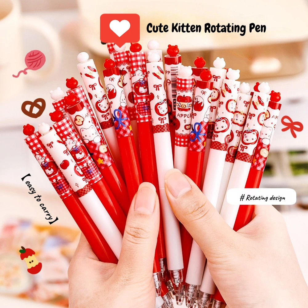 

Набор из 12 гелевых ручек Kawaii с мультяшными котиками-яблоками, милые ручки для подписи, вращающиеся, быстросохнущие, для школы и офиса