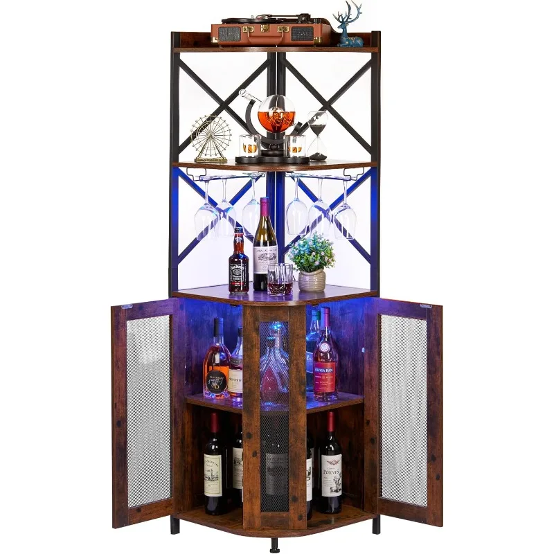 

Corner Bar Cabinet with LED Lights, Bar with Glass Holder, Farmhouse Liquor Cabinets with Shelf and Door, Home Bar for Coffee