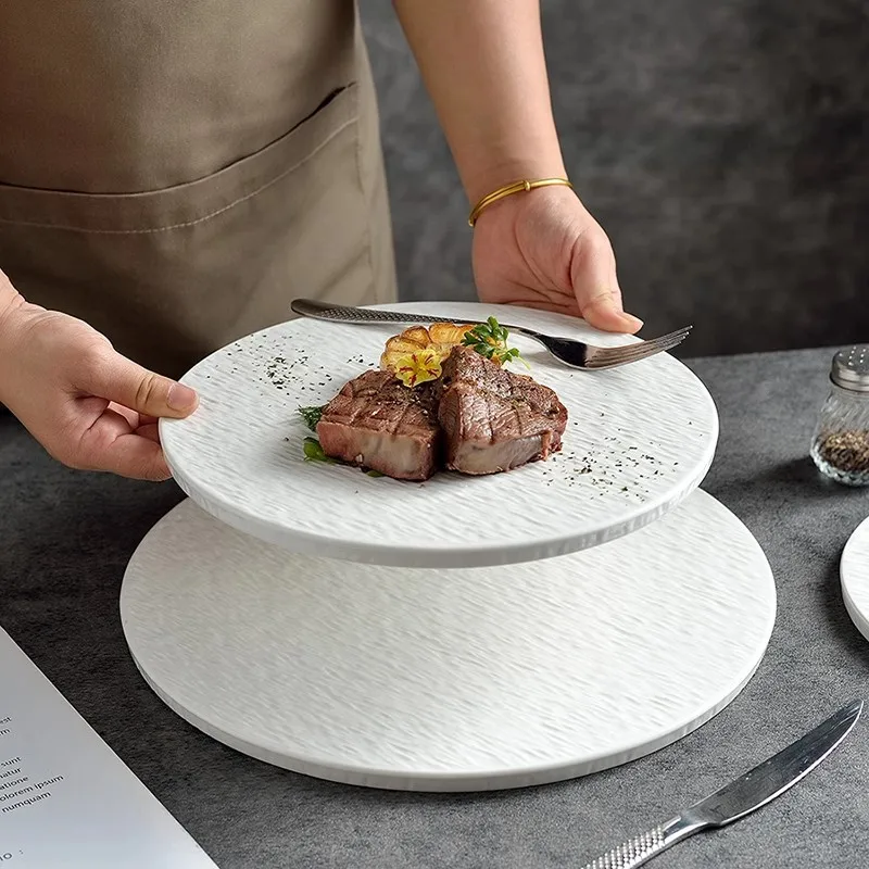 

Stone patterned ceramic flat plate disc Steak plate Western cuisine plate Cake tray Table Decor Round Steak Food Display Tray