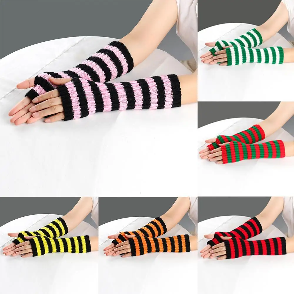 

1 Pairs Y2K Mid-Length Wool Knitting Striped Knit Cool Fake Sleeves Christmas Colorful Arm Cover 30cm Long Fingerless Mittens
