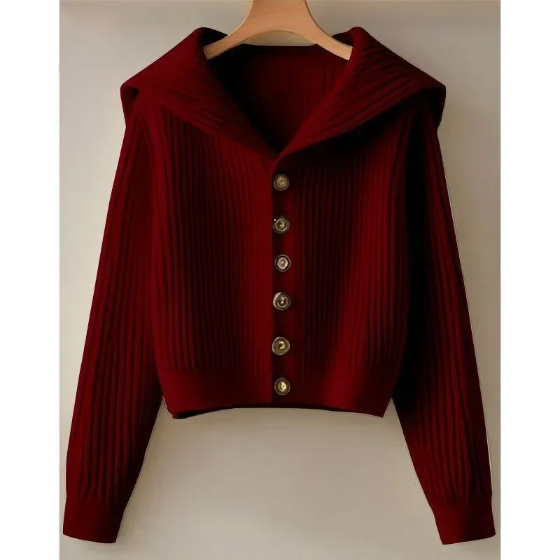 Female Texture Sense of Advanced Art Student Sweater New Autumn and Winter Models Navy Collar Single-breasted Knit Cardigan