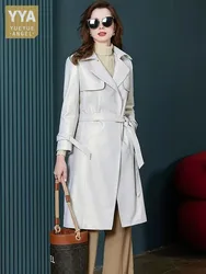 Gabardina larga de piel de oveja suave con cinturón para mujer, elegante chaqueta de cuero genuino de lujo, cortavientos Delgado blanco para oficina de otoño