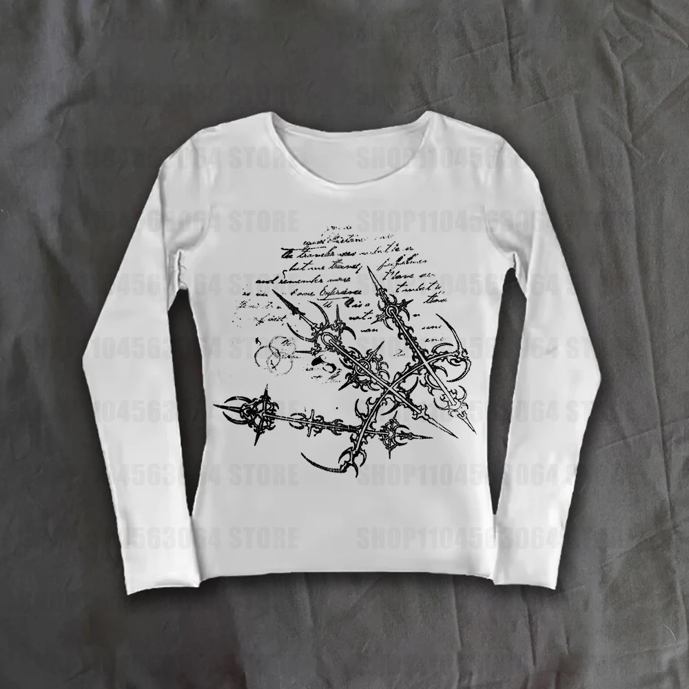 

Y2k style aesthetic sweet and sexy long sleeved top for women's casual gothic punk printed T-shirt Harajuku Grunge clothes Emo