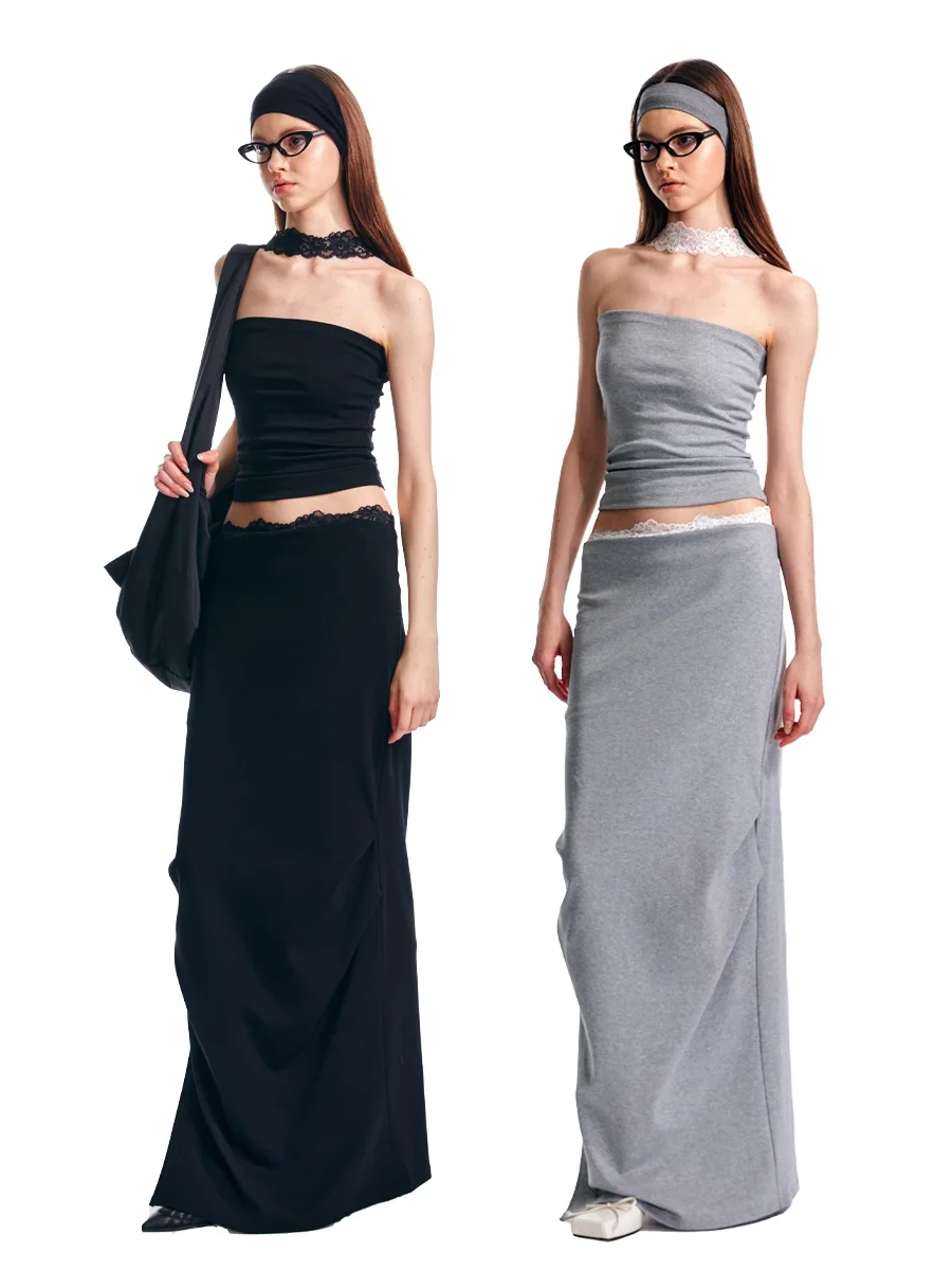 

ALINNV Оригинальный дизайн, новая модная женская длинная юбка с низкой талией, вязаная, с кружевной отделкой на талии