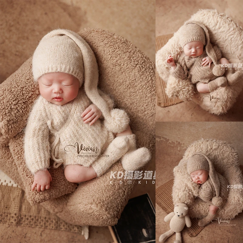 

Newborn Photography Costumes Knitted Baby jumpsuit Set with Matching Hat Teddy Bear Posing Doll Photo Props Accessories for Baby