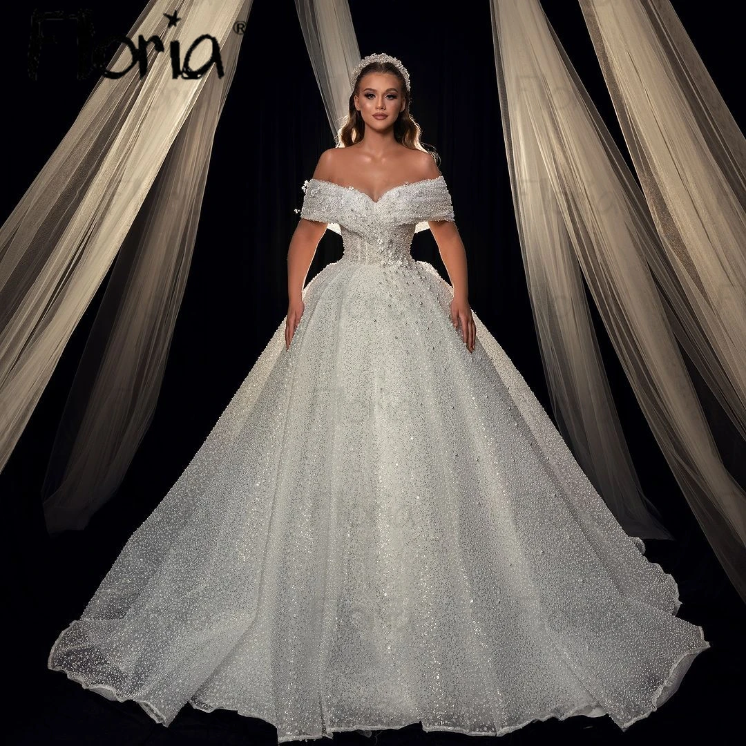 

Gorgeous 2024 New Beading Wedding Dress Dubai Pearls Off Shoulder Ball Gown Bridal Dresses Plus Size Arabic Vestido De Casamento