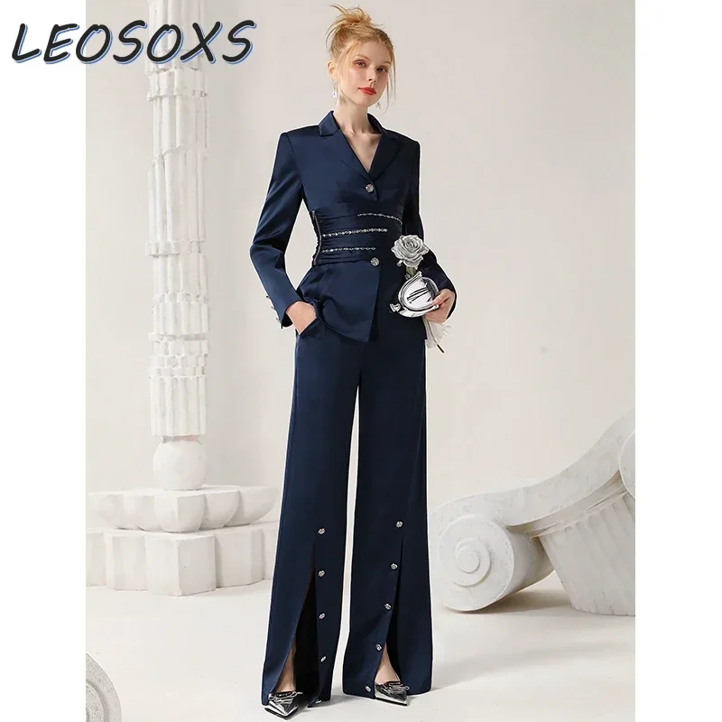 LEOSOXS High-end Commuter Professional Suit Coat Autumn Winter Navy Waist Blazer Split-ended Wide-leg Pants Two-piece Suit Women