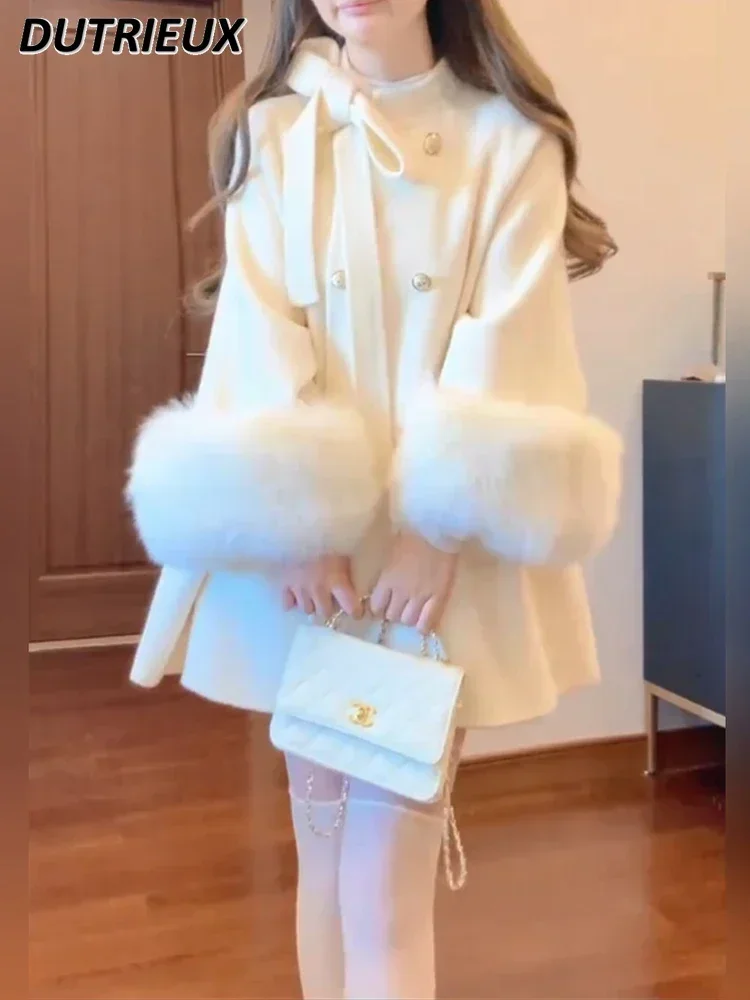 Autumn and Winter Sweet Girl Stand-up Collar Bowknot Double Breasted Woolen Cape Coat Cute White Long Sleeve Mid-Length Jacket