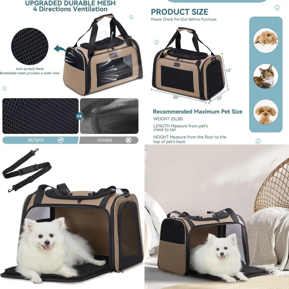 

Soft-Sided Pet Carrier for Puppies and Medium Cats up to 25lbs, Large Khaki Travel Bag