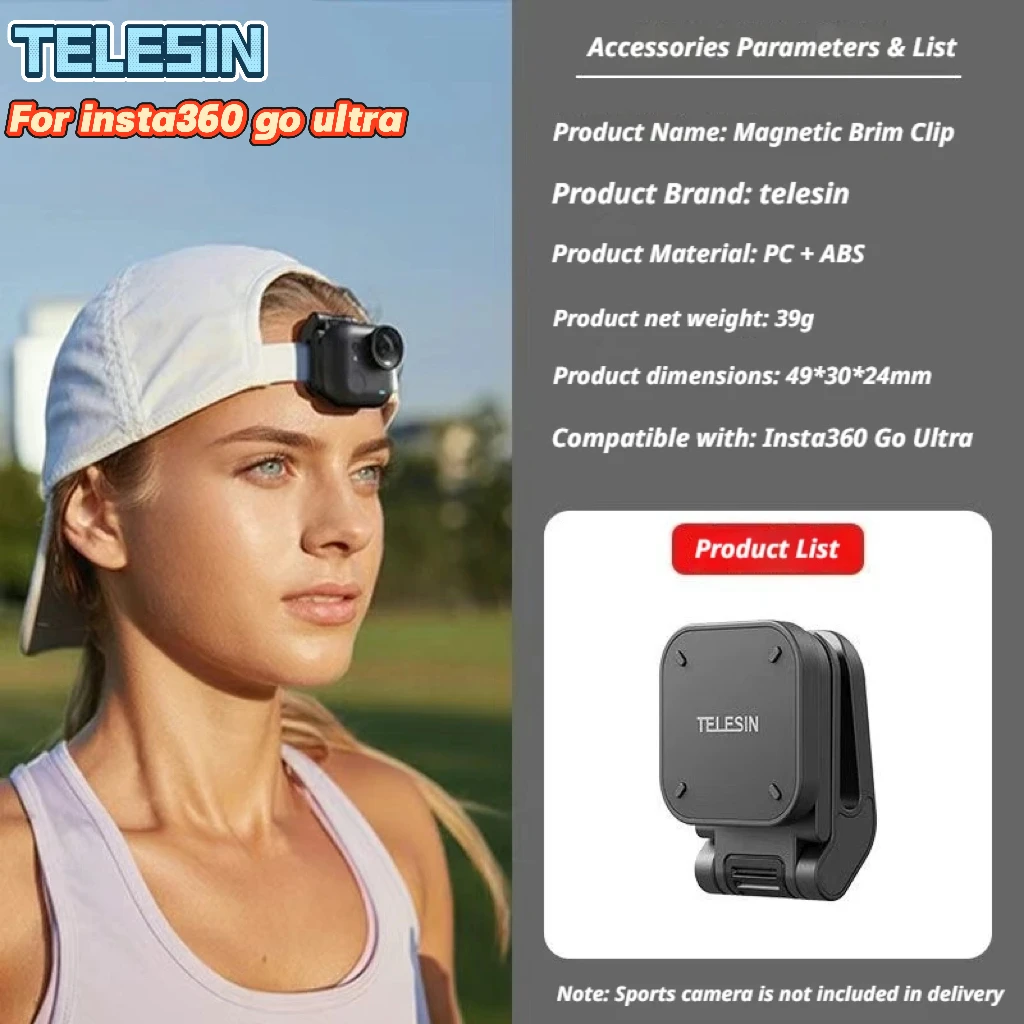 TELESIN for Insta360 Go Ultra Magnetic Brim Clip Compact Portable Bottom Magnetic Suction Design for First-Person Photography