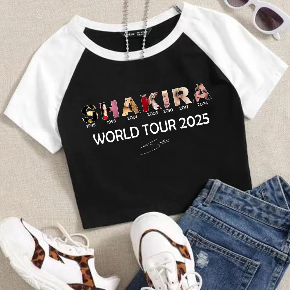

Укороченные топы Shakira World Tour 2025, футболка для девочек, модная женская футболка с круглым вырезом и короткими рукавами, подарочная футболка для фанатов