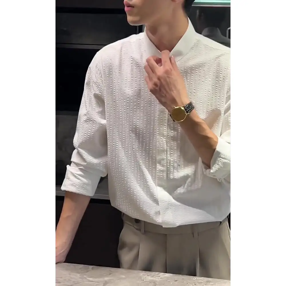 

Extra Large 300 Pou Trendy Brand Bubble Cloth Stand Collar Men's irt Casual Long Sve Top for Spring Autumn High Street