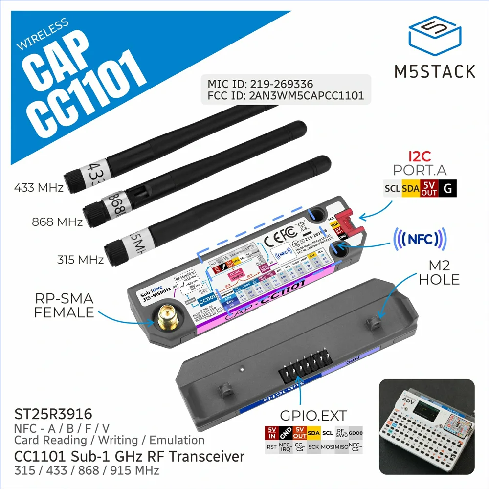 M5Stack Cap CC1101 U219 Sub‑1GHz RF NFC Transceiver Module TI CC1101 315/433/868/915MHz Grove Interface For Cardputer Adv