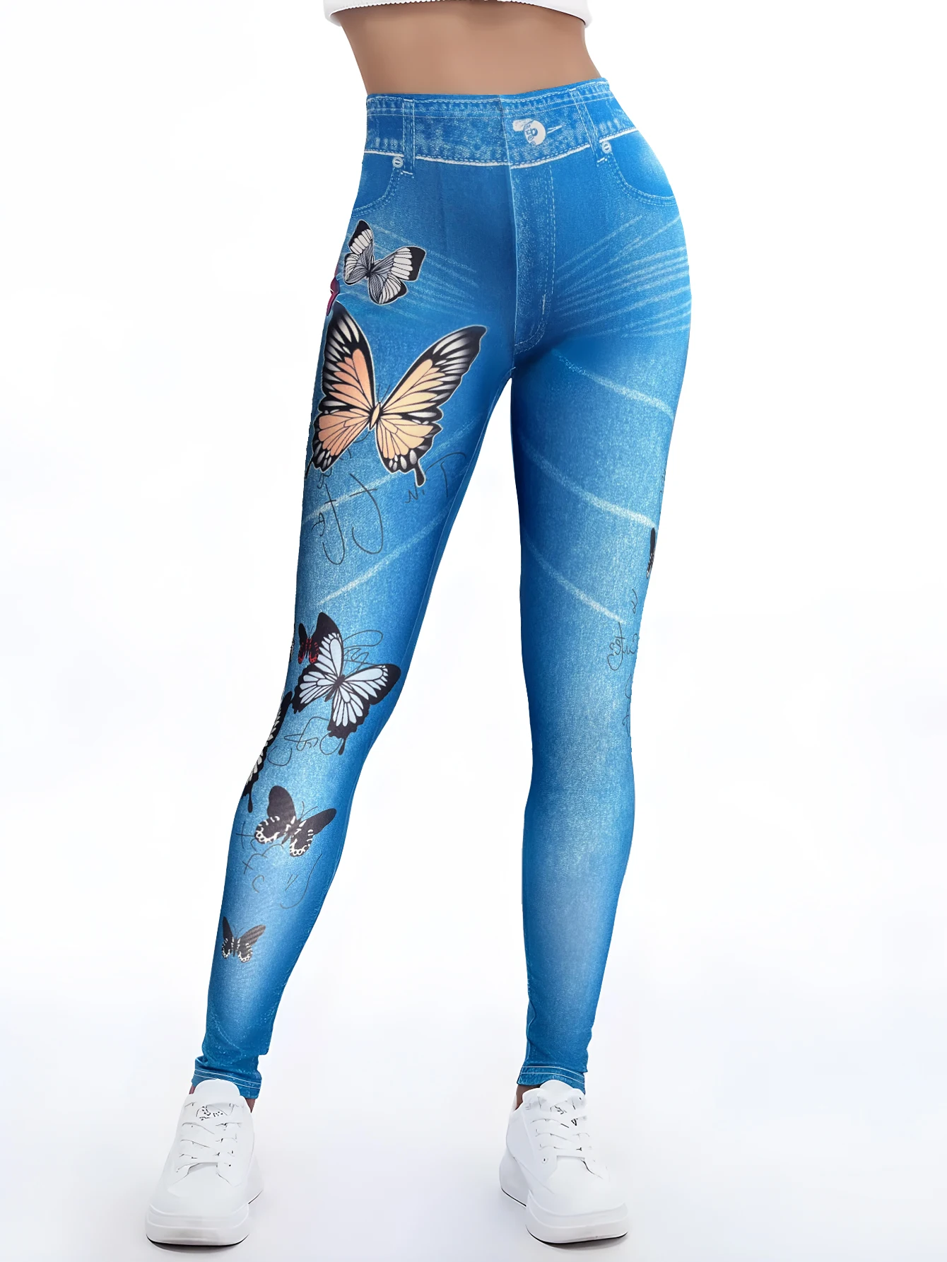 Sports Yoga Leggings Women Butterfly Soft Women Red Butterfly Print Jeggings High Elastic  Fitness Slim Fit Vintage Fake Jeans