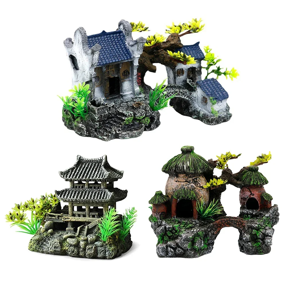 Resin Chinese 3D Printing Ancient Architectural Model Fish Shrimps Shelter House Layout Props For Fish Tank Aquarium Decoration