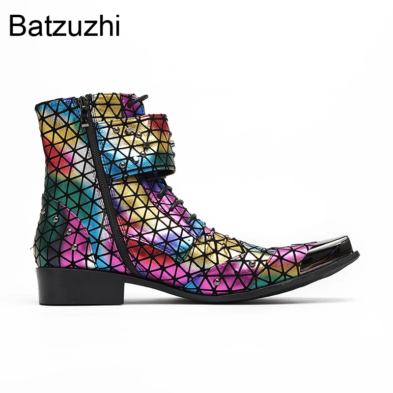 Batzuzhi Pop Muti-color Men's Boots with Metal Toes Punk Leather Ankle Boots Men Zips Buckles Punk Party, Runway Boots for Man!