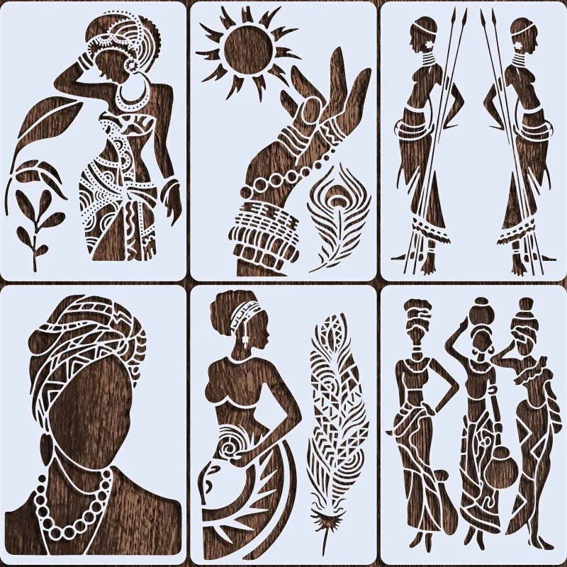 6Pcs/Set A4 African Tribe Beauty DIY Layering Stencils Painting Scrapbook Coloring Embossing Album Decorative Template