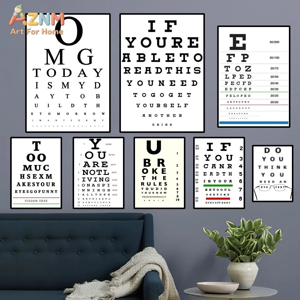 AZNM Funny Eye Chart Text Canvas Wall Print Unframed Snellen Vision Test Sign Poster Minimalist Black White Bar Home Decor Art G