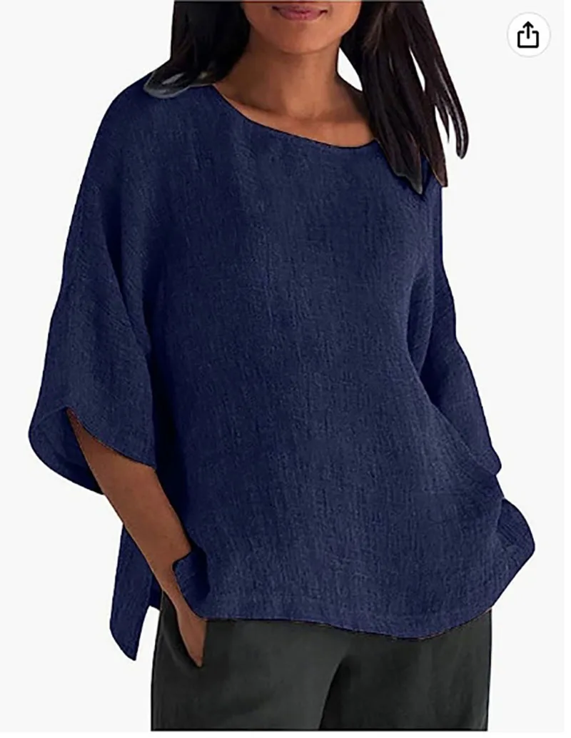 

2026 Women Blouse Shirts new foreign trade women's seven quarter sleeved round neck cotton and linen shirt top woman Blouses