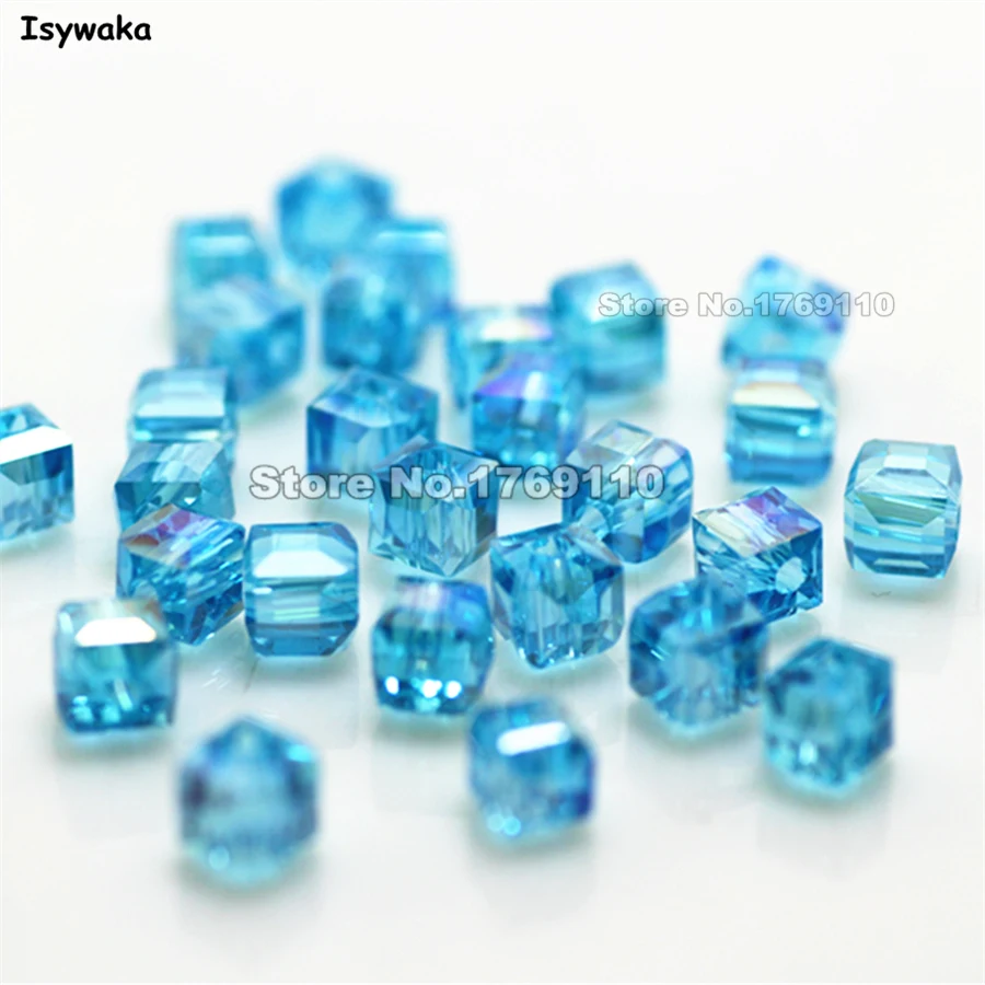 Isywaka 100pcs Cube 4mm Lake Blue AB Color Square Austria Crystal Beads Glass Beads Loose Spacer Bead DIY Jewelry Making