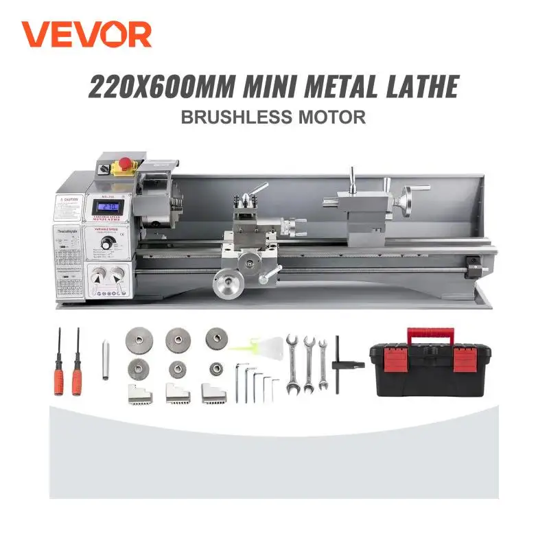 VEVOR Mini Metal Lathe 8.7 x 23.6 Inch / 220 x 600MM 750W Infinitely Variable Speed LED Screen for Counter Face Turning Driling